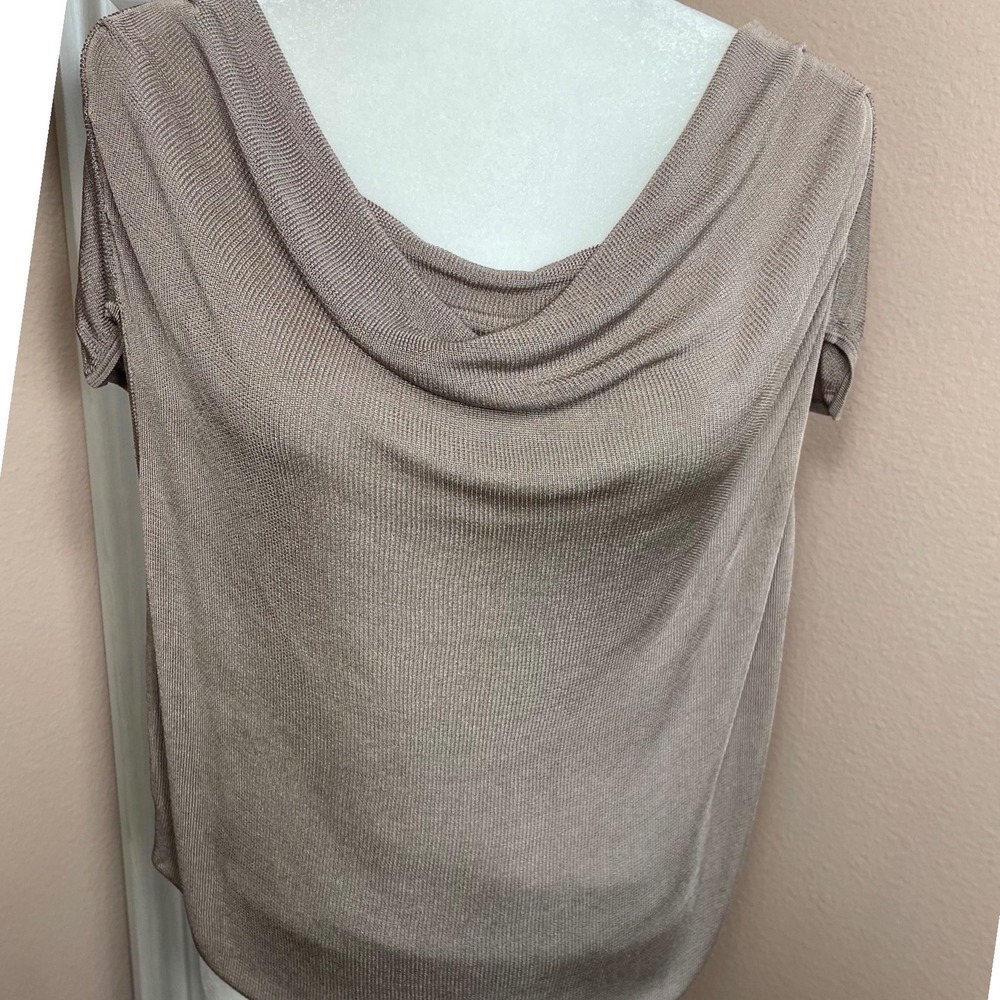Chico's Size 2 Taupe Metallic Cowl Neck Knit Top Short Sleeve Rayon Blouse